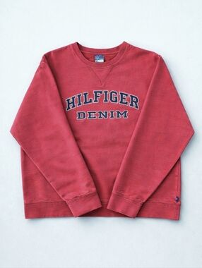 Vintage 90s Tommy Hilfiger Red Sweatshirt Navy Spellout Fade Distressed XL